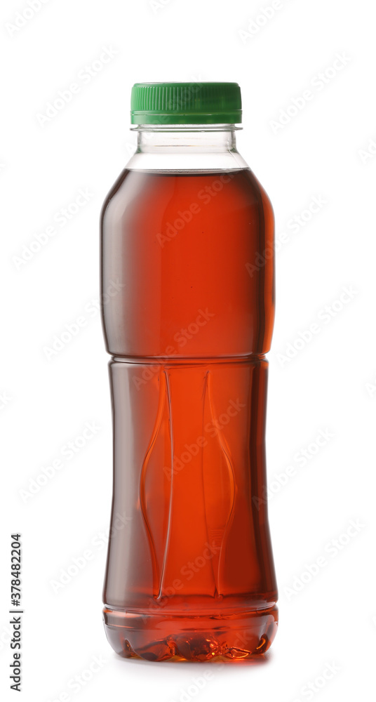 Bottle of fresh ice tea on white background