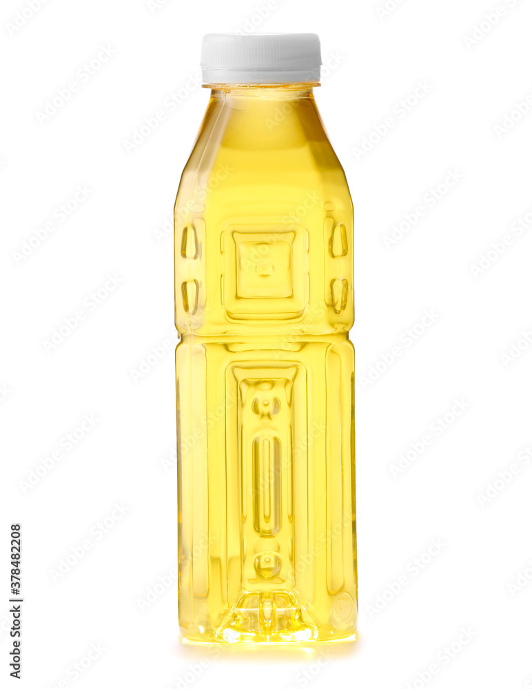 Bottle of fresh ice tea on white background