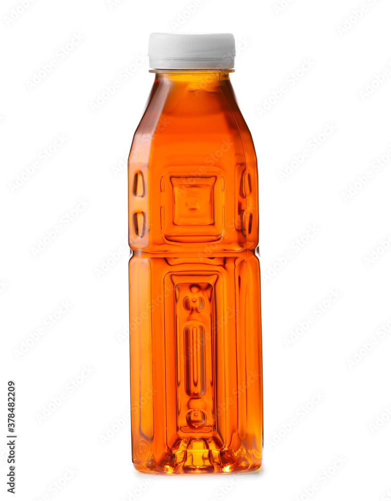 Bottle of fresh ice tea on white background