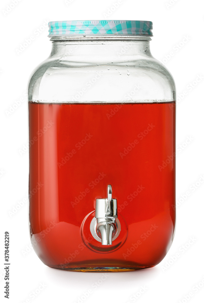 Jar of fresh ice tea on white background