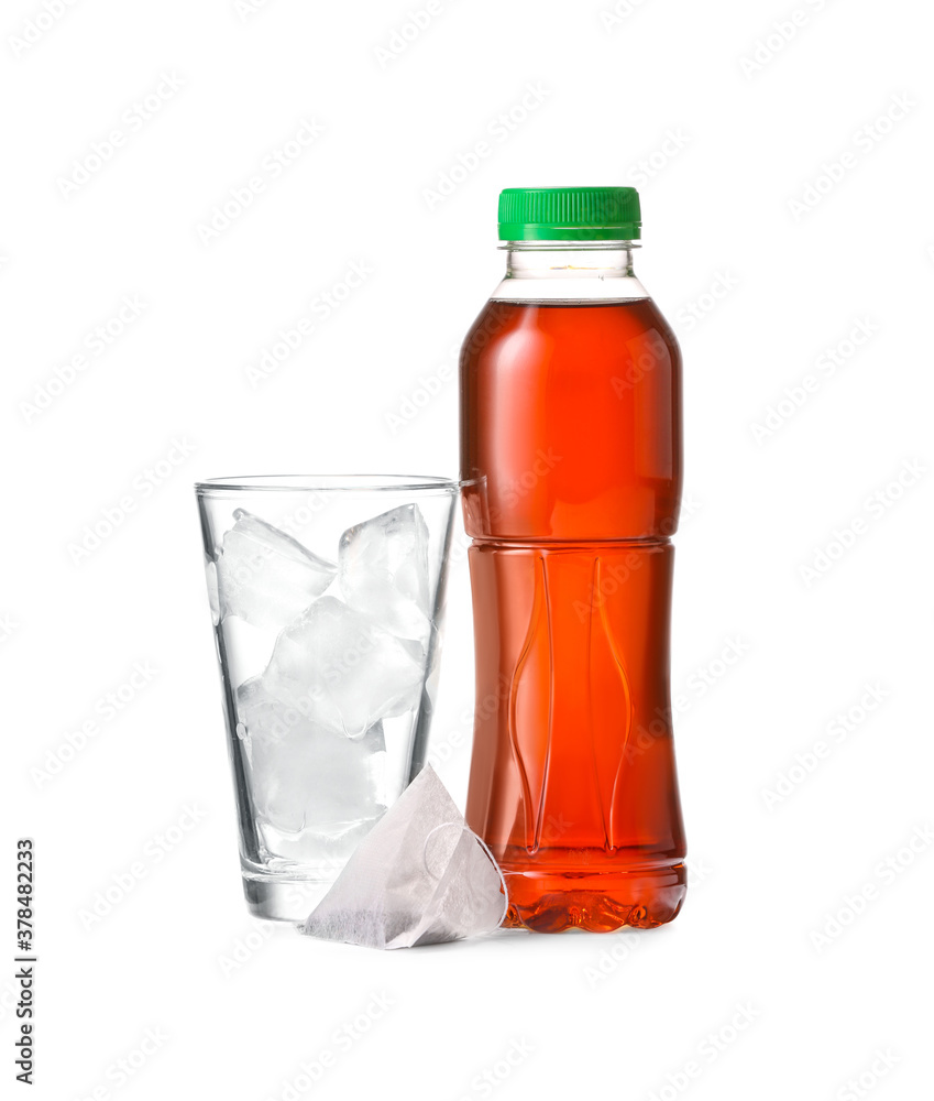 Bottle of fresh tea and glass with ice on white background