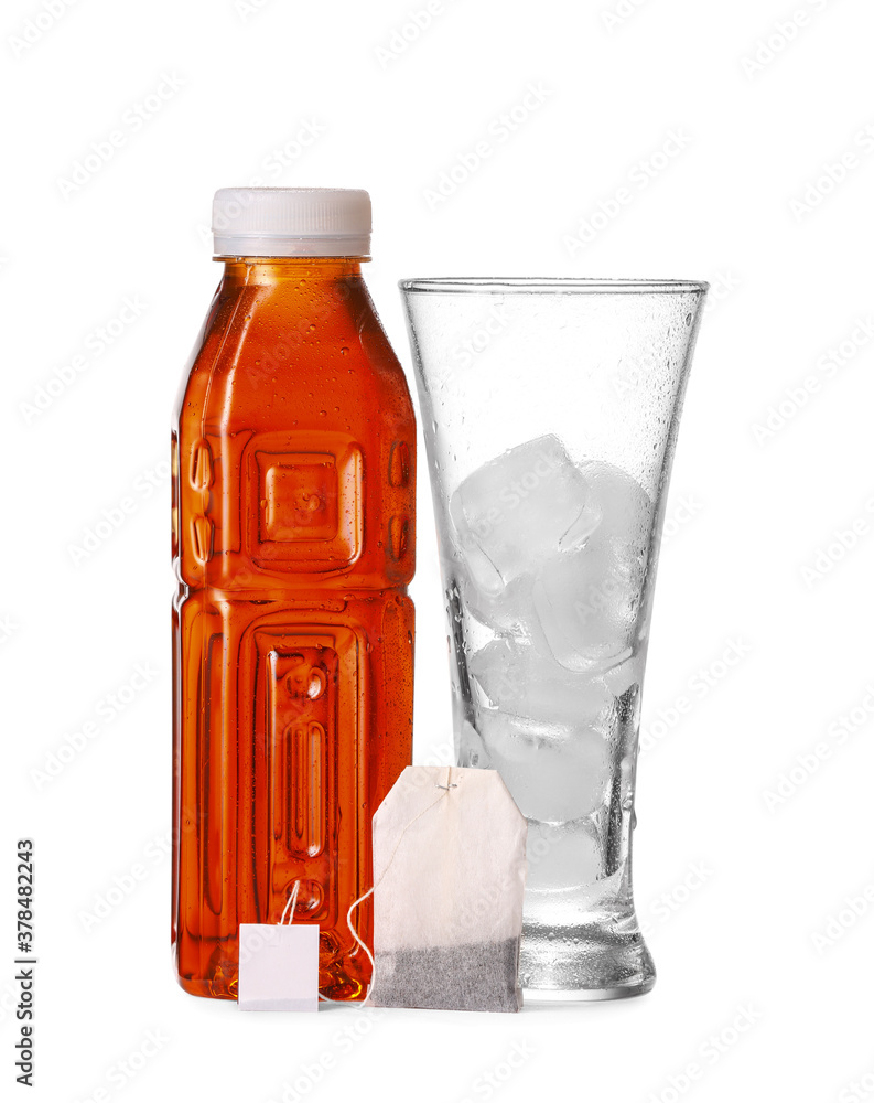 Bottle of fresh tea and glass with ice on white background