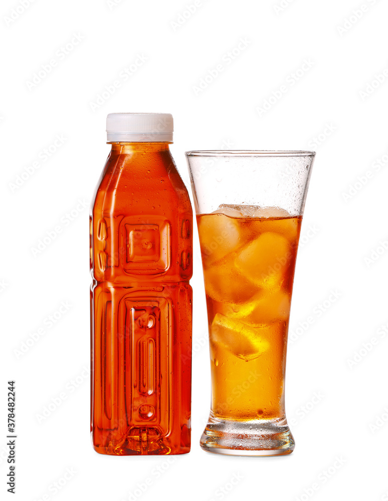 Bottle and glass of fresh ice tea on white background