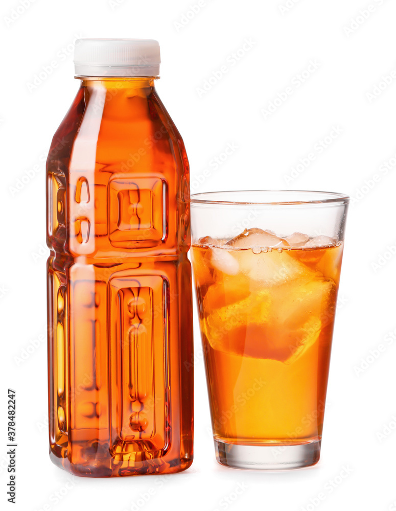 Bottle and glass of fresh ice tea on white background