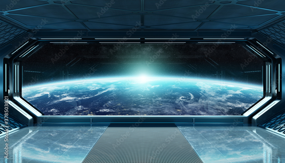 Dark blue spaceship futuristic interior with window view on planet Earth 3d rendering