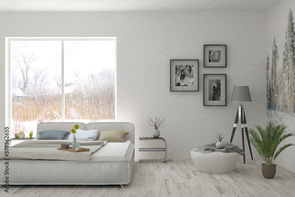 White bedroom interior. Scandinavian design. 3D illustration