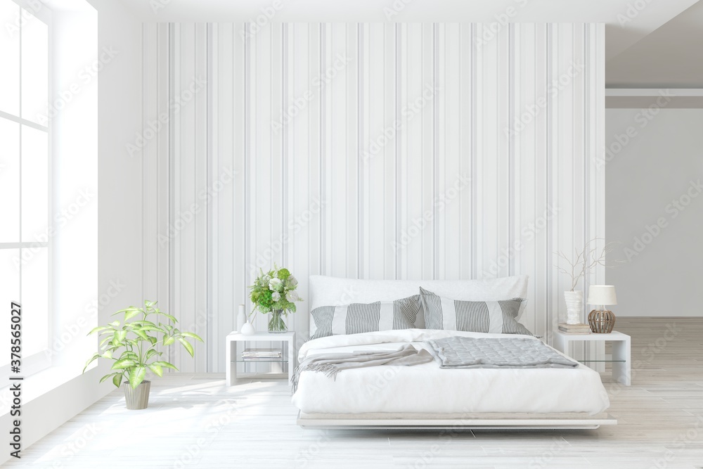 White bedroom interior. Scandinavian design. 3D illustration