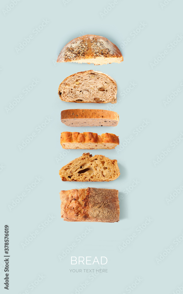 Creative layout made of bread on the blue background. Flat lay. Food concept.