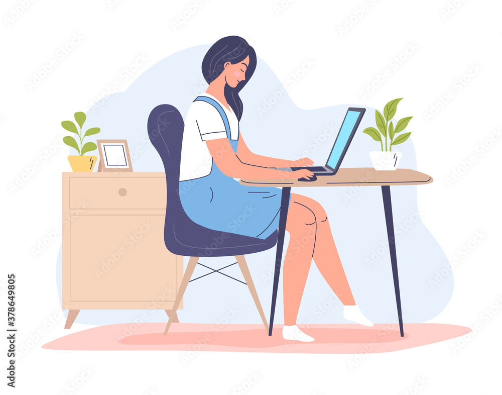 Young woman works at home vector illustration 