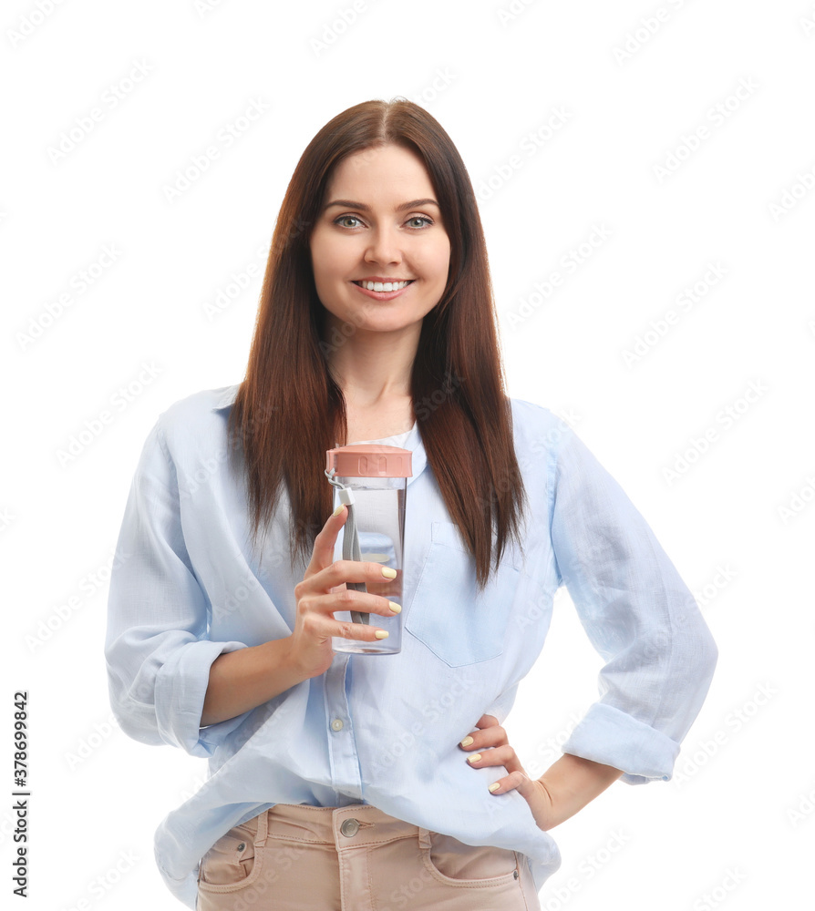 Young woman with bottle of water on white background