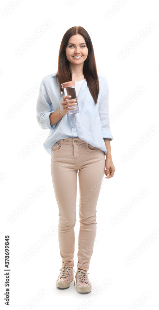 Young woman with bottle of water on white background