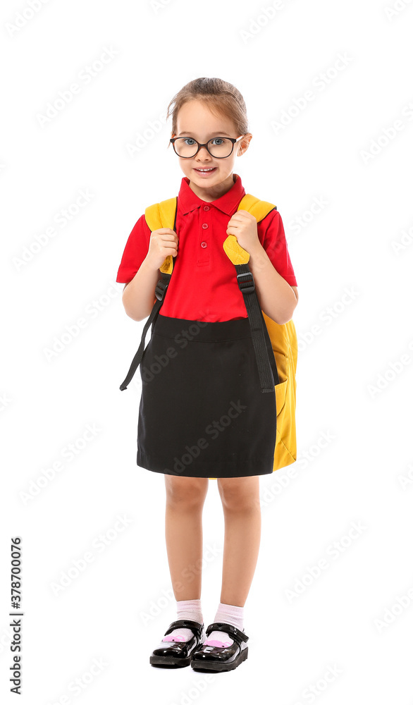 Little schoolgirl on white background