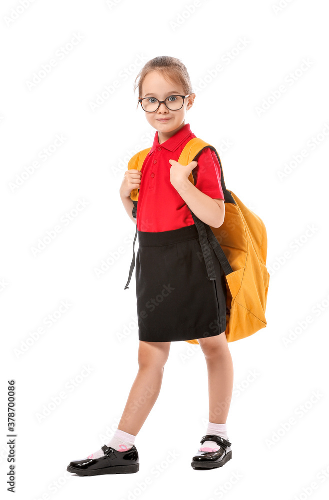 Little schoolgirl on white background