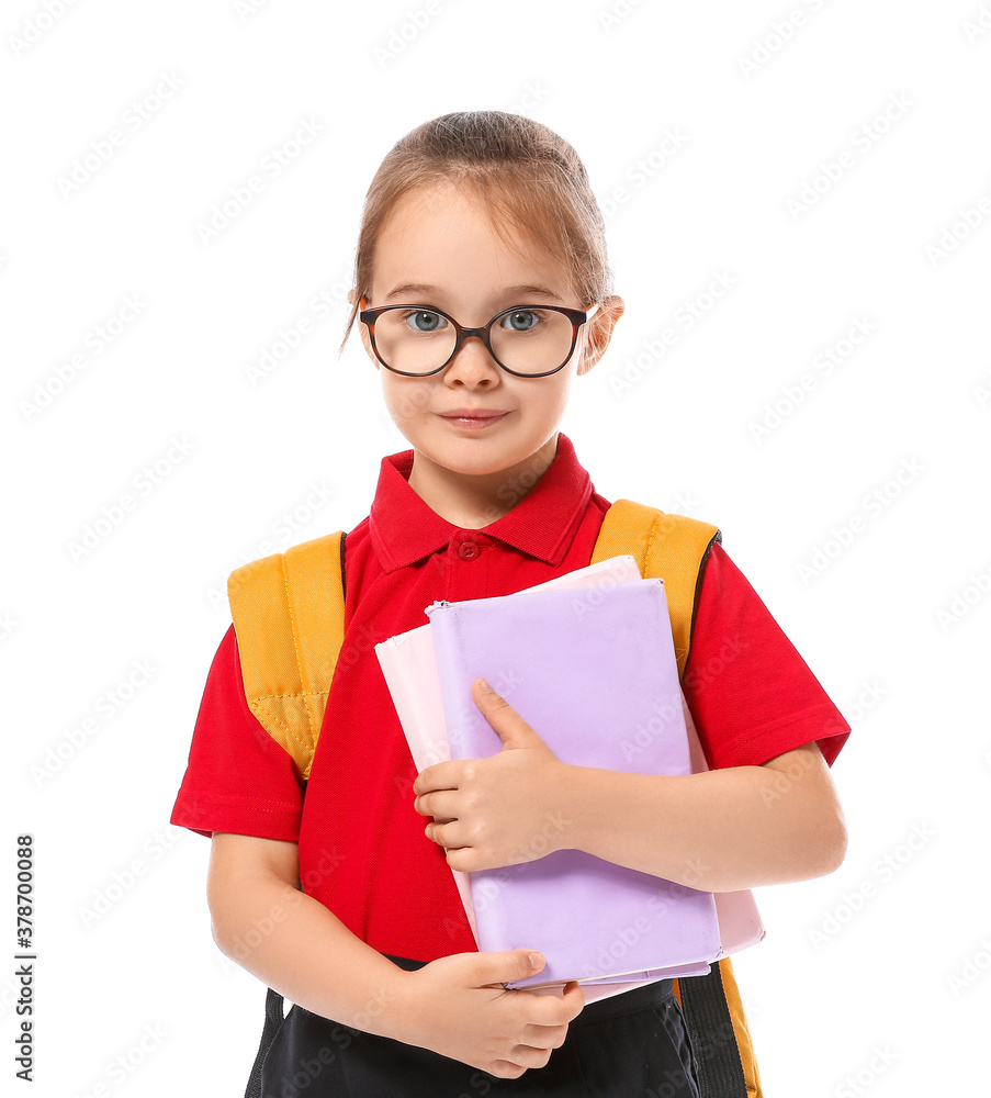 Little schoolgirl on white background