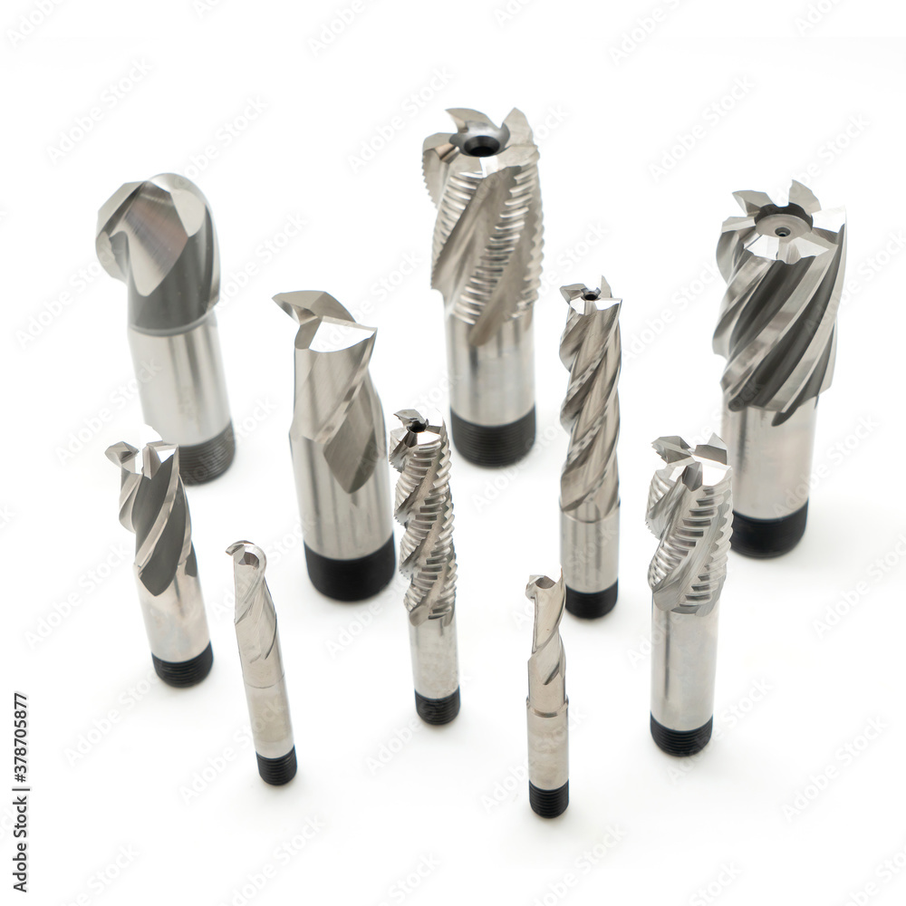 Professional cutting tools. Few metallic carbide endmills, different size used for metalwork.