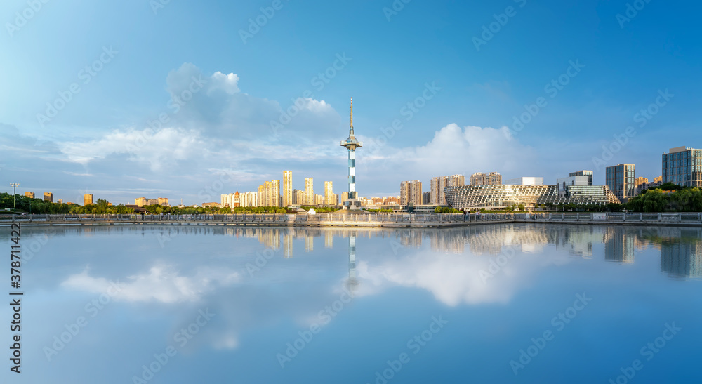 Urban architectural landscape of Julong Lake Park, Yancheng, Jiangsu, China