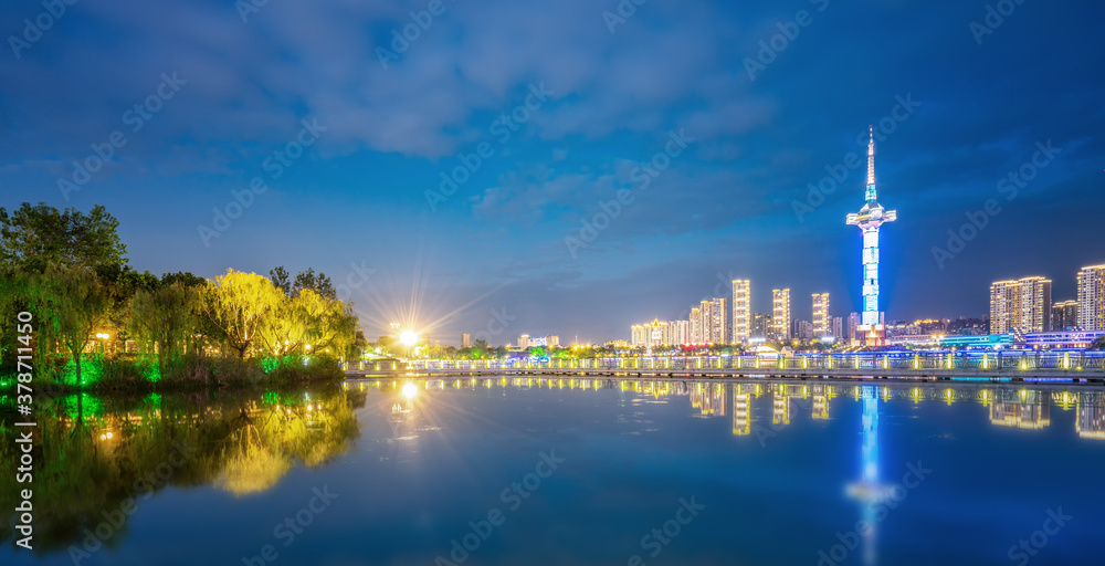 Urban architectural landscape of Julong Lake Park, Yancheng, Jiangsu, China