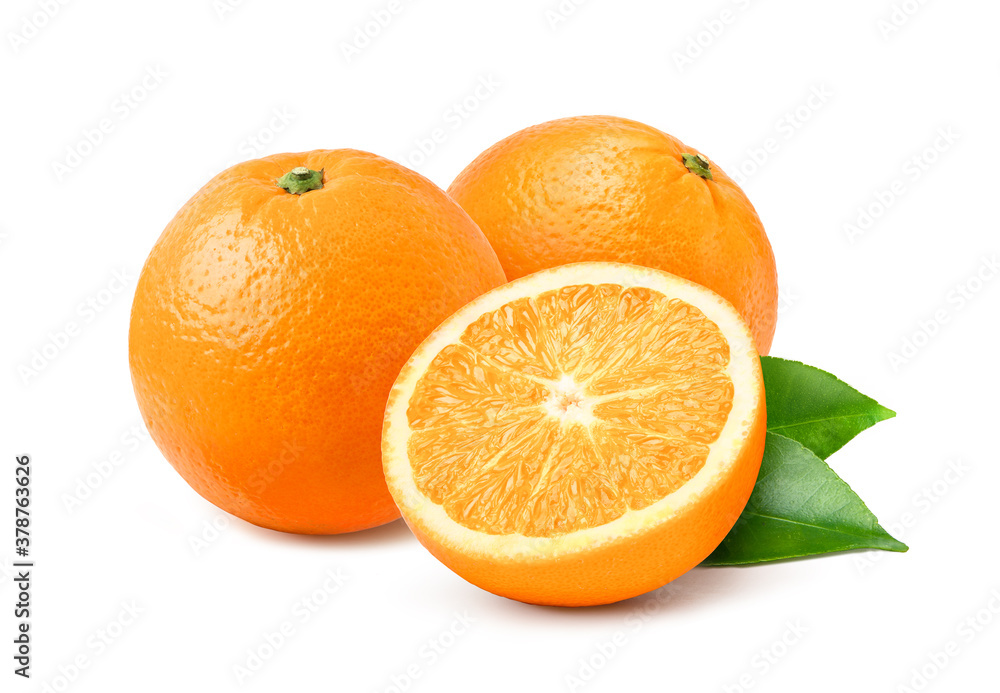 Orange with cut in half and green leaves isolated on white background.