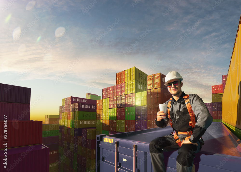 Happy Engineer sit in stack containers. His happy drinking coffee after successful work. Photo with 