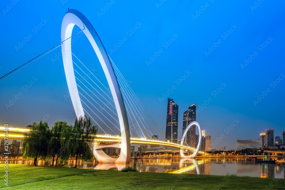 China Nanjing city skyline and modern buildings, twilight landscape.