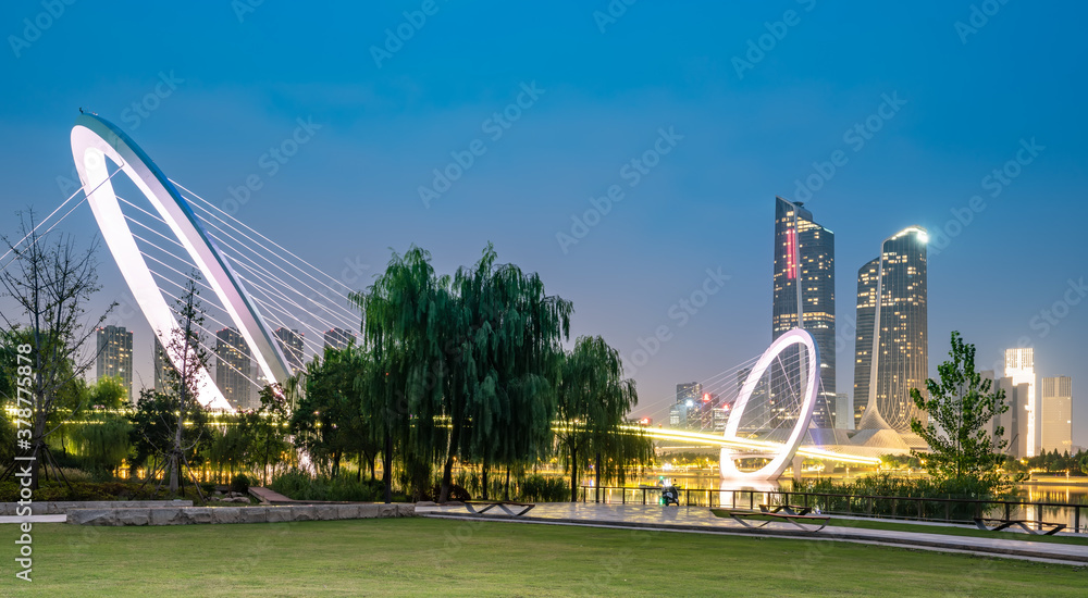 China Nanjing city skyline and modern buildings, twilight landscape.