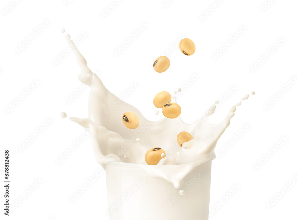 Soy milk splash with soybeans isolated on white background.