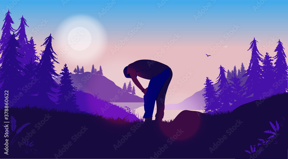 Exhausted jogger - Out of shape man catching his breath while exercising outdoors in open landscape.