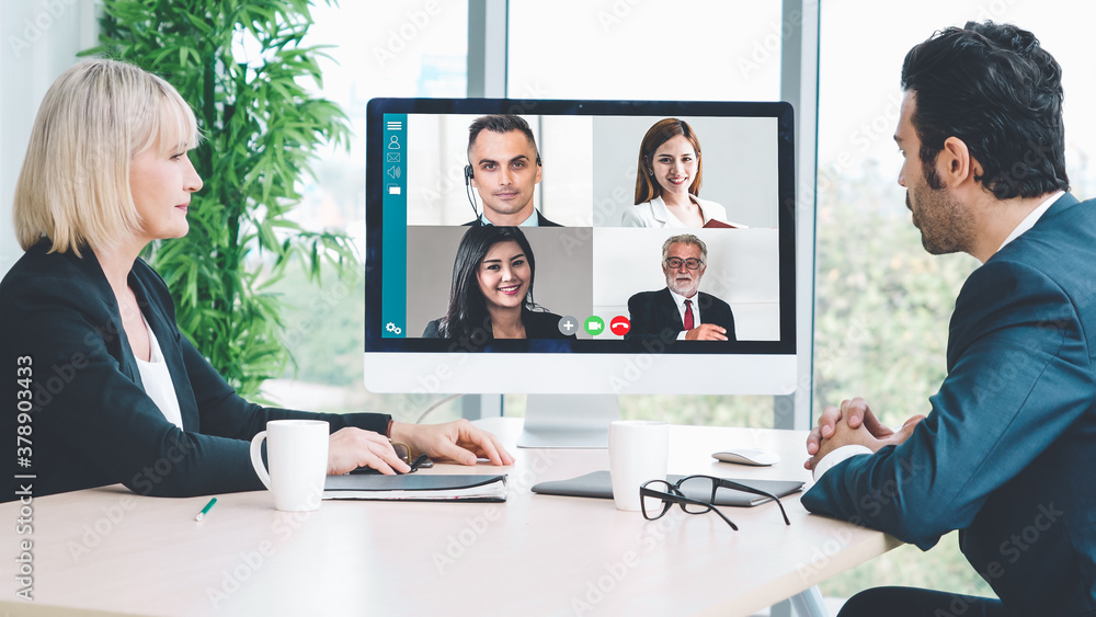 Video call group business people meeting on virtual workplace or remote office. Telework conference 