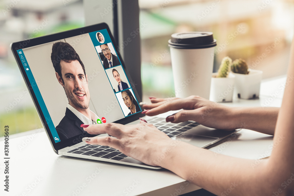 Video call business people meeting on virtual workplace or remote office. Telework conference call u