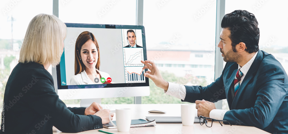 Video call group business people meeting on virtual workplace or remote office. Telework conference 