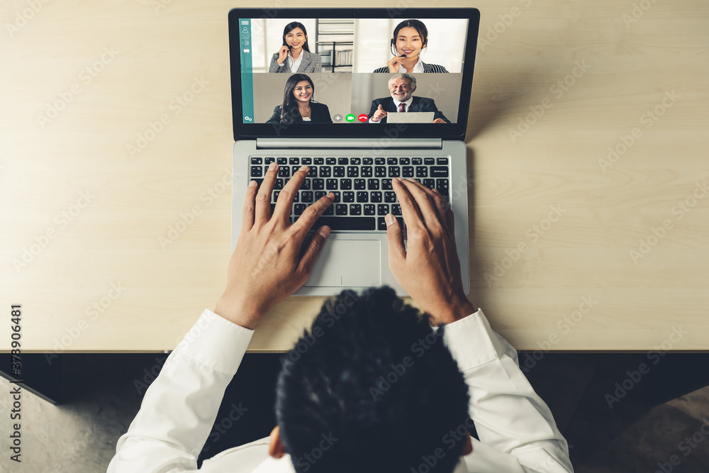 Video call business people meeting on virtual workplace or remote office. Telework conference call u