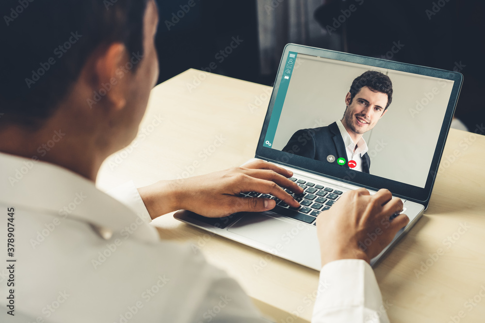 Video call business people meeting on virtual workplace or remote office. Telework conference call u