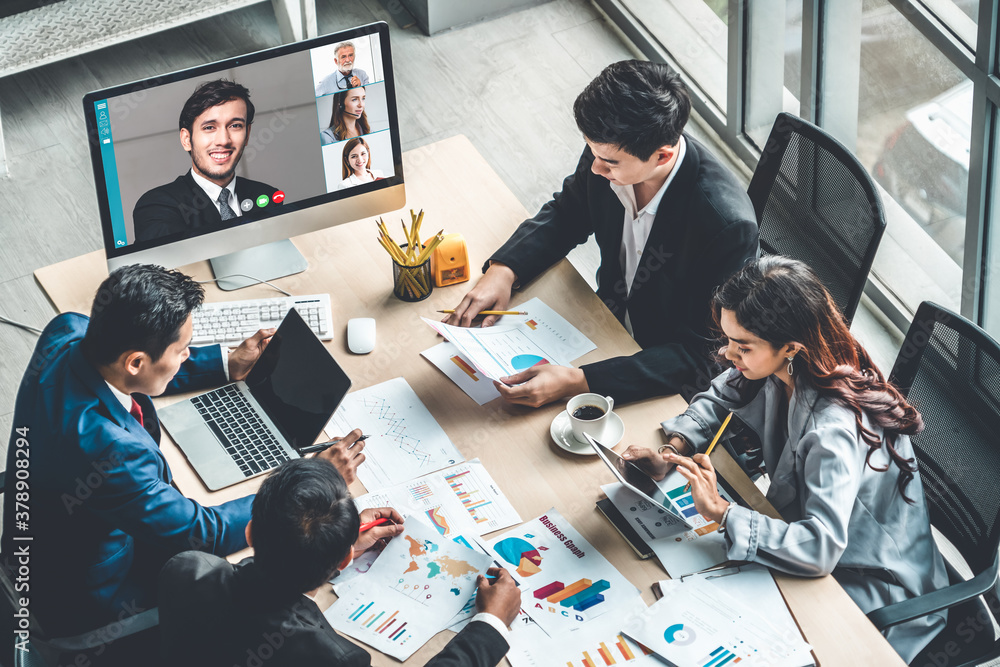 Video call group business people meeting on virtual workplace or remote office. Telework conference 