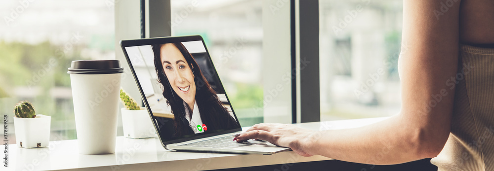 Video call business people meeting on virtual workplace or remote office. Telework conference call u