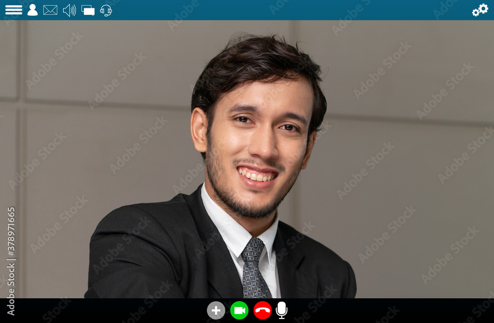 Business people meeting in video conference app on laptop monitor view . Online seminar application 