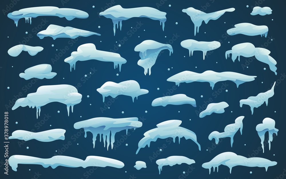 Snow caps and snowy ice, frozen icicles and snowflakes, vector isolated cartoon icons set. Abstract 