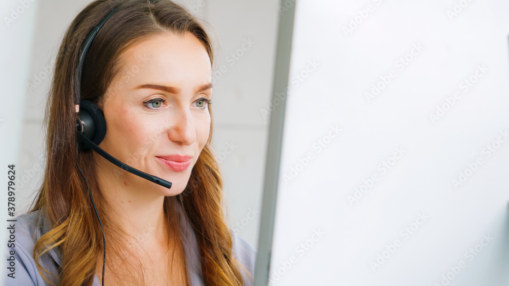 Business people wearing headset working in office to support remote customer or colleague. Call cent