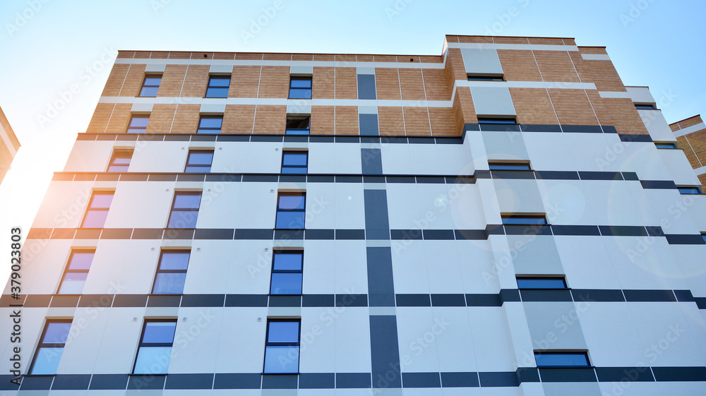 Architectural details of modern apartment building. Modern european residential apartment building c