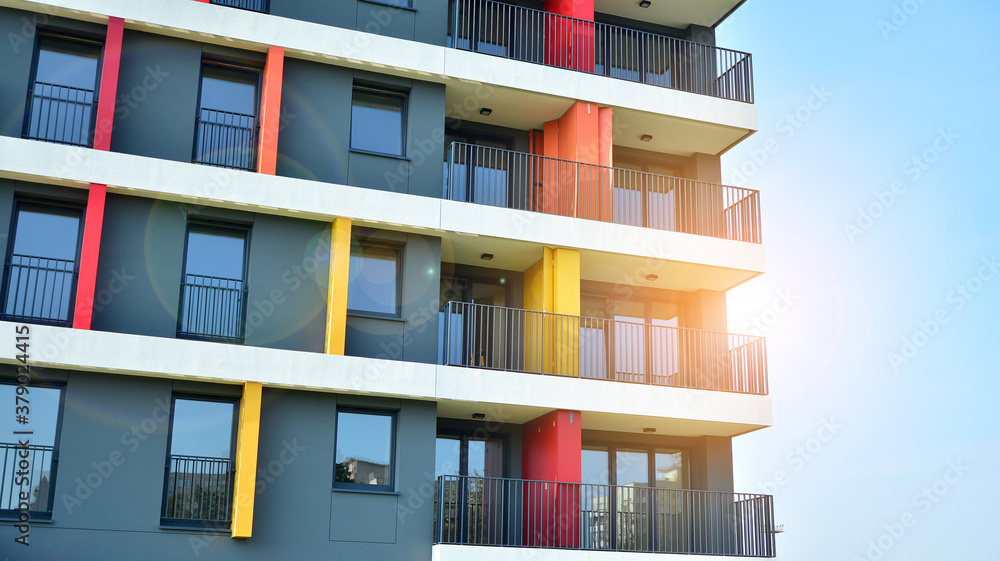 Architectural details of modern apartment building. Modern european residential apartment building c