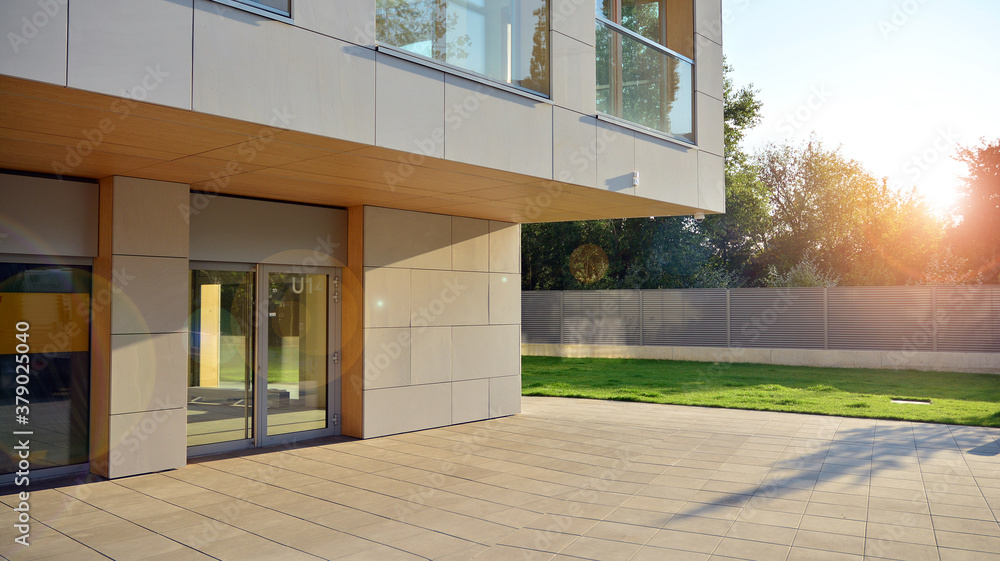 Architectural details of modern apartment building. Modern european residential apartment building c