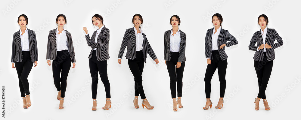 Different pose of same Asian woman full body portrait set on white background wearing formal busines