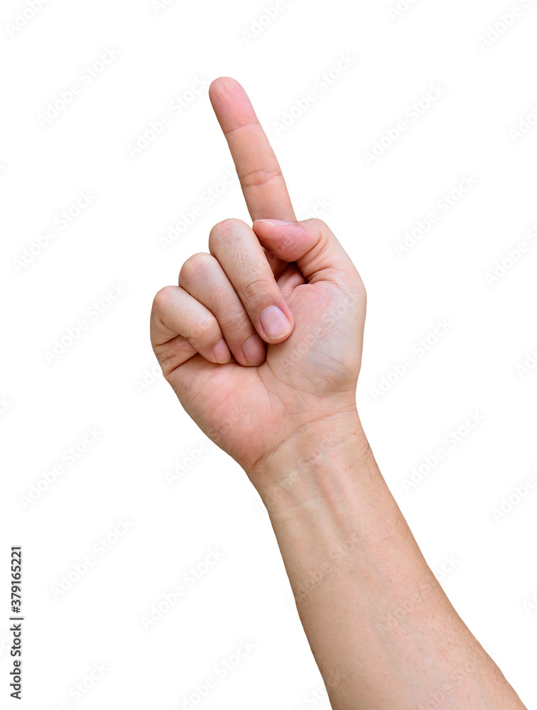 Hand and finger pointing conceptual sign isolated on white background