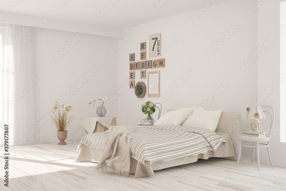 White bedroom interior. Scandinavian design. 3D illustration