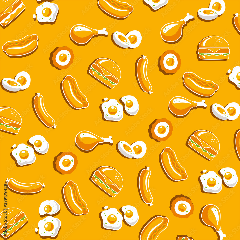 Seamless food pattern. Fast food vector pattern containing Boiled eggs, Fried egg, Egg nugget, Hambu