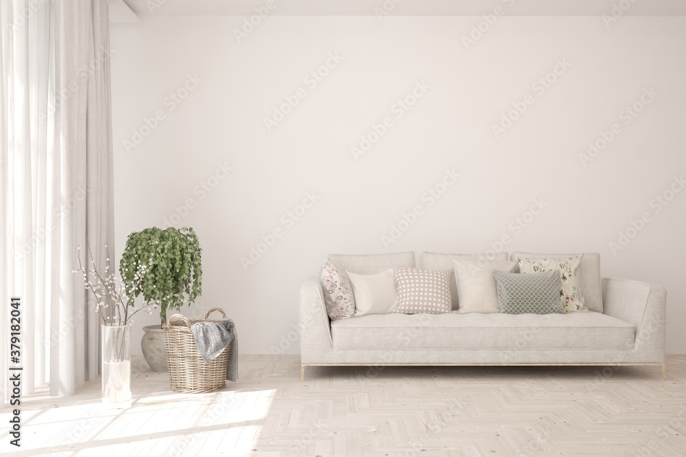 White living room with sofa. Scandinavian interior design. 3D illustration