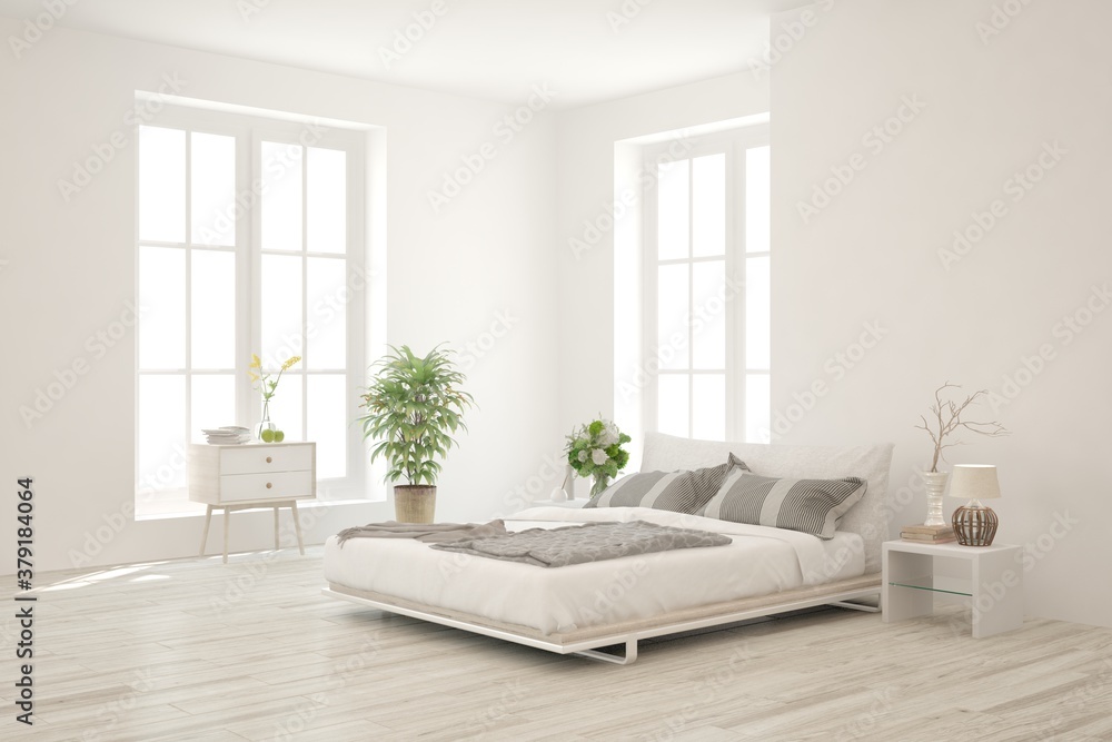 White bedroom interior. Scandinavian design. 3D illustration