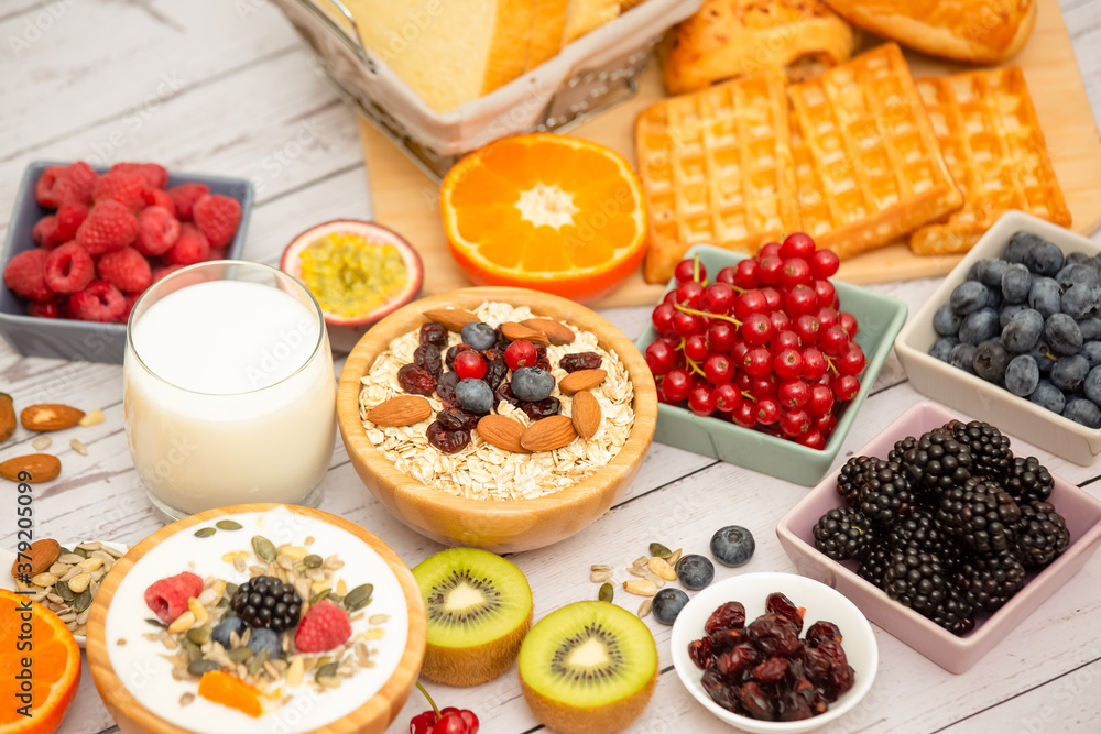 Breakfast Served in the morning with Butter bread and corn flakes Whole grains and raisins with milk