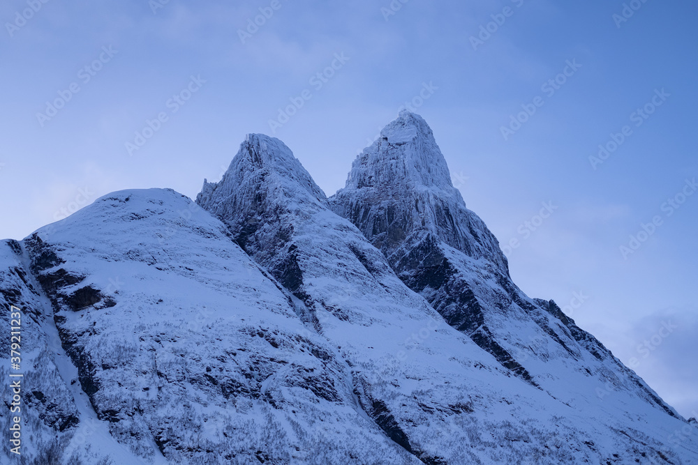 Lofoten islands, Norway. Mountains peaks during sunset. Evening time. Winter landscape. Norway - tra