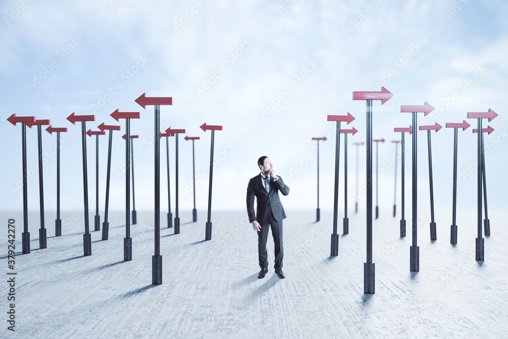 Businessman in suit thinks and red arrows pointers