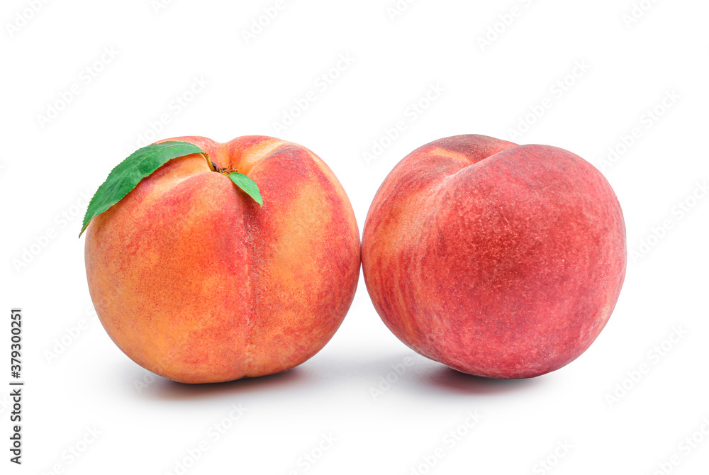 Sweet ripe peaches on white background